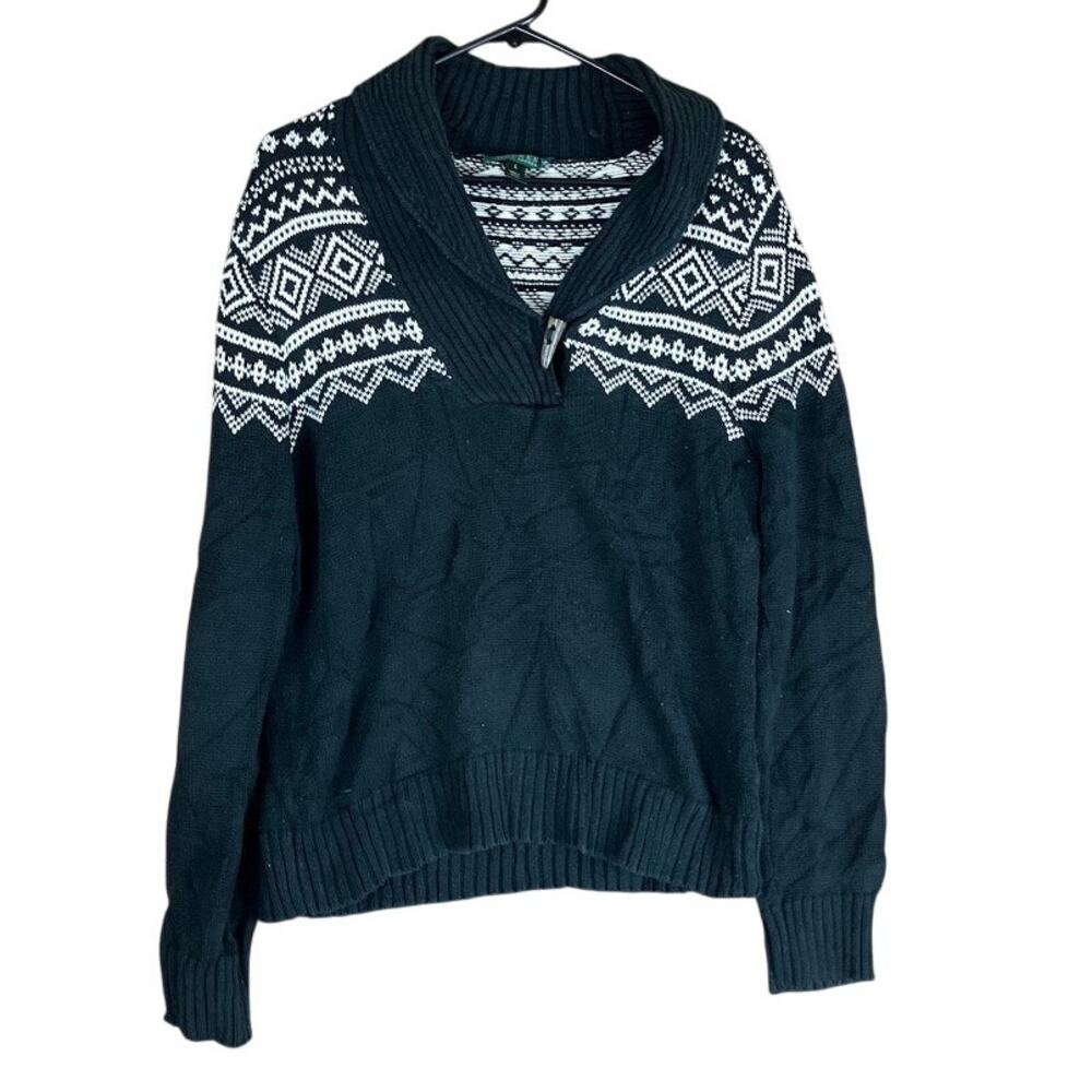 Ralph Lauren Womens Sweater Black Fair Isle Shawl Collar 100% Cotton Large